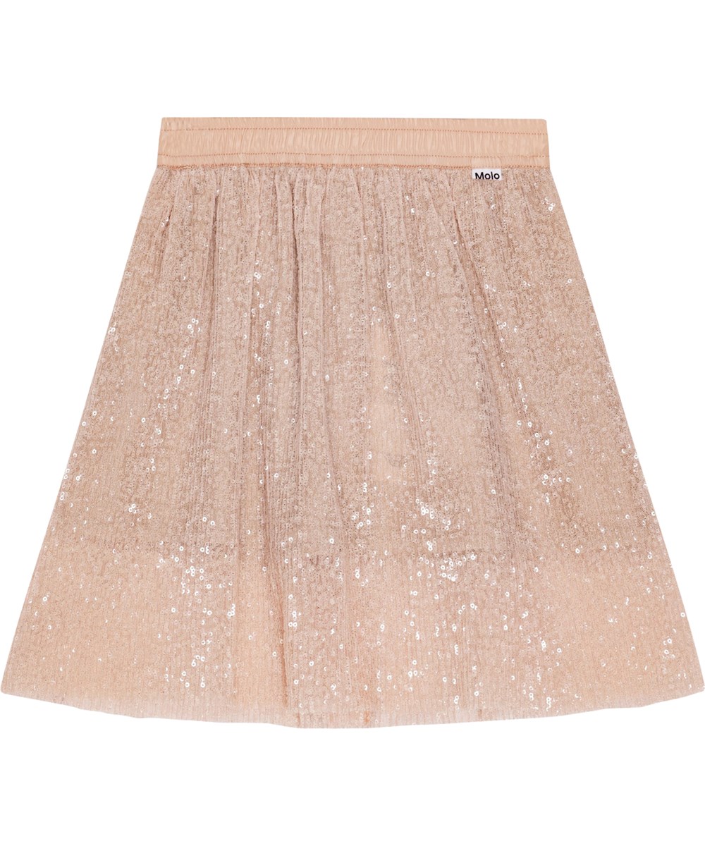 Beritta - Apricot - Zalmroze paillettenrok met elastische tailleband en onderrok.