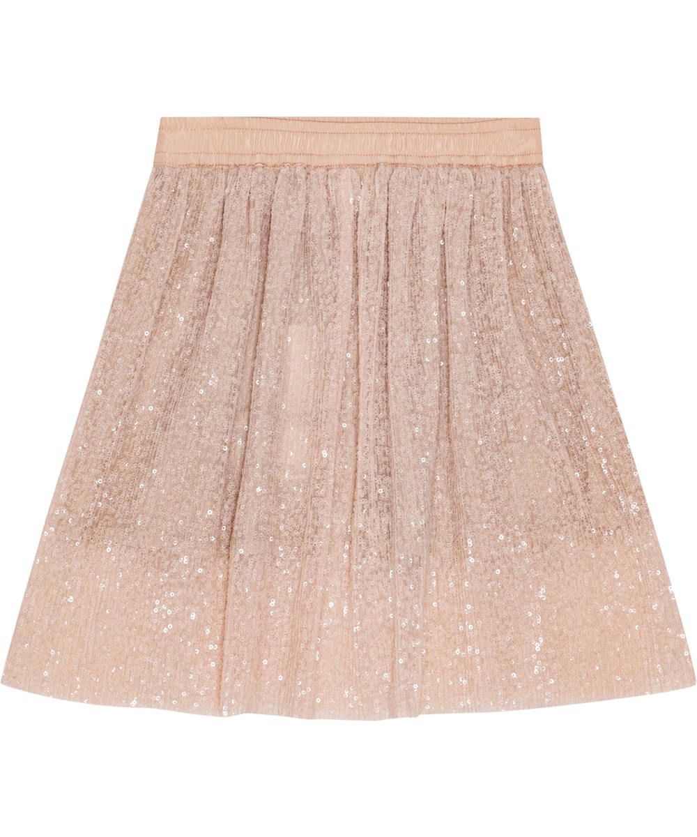 Beritta - Apricot - Zalmroze paillettenrok met elastische tailleband en onderrok.