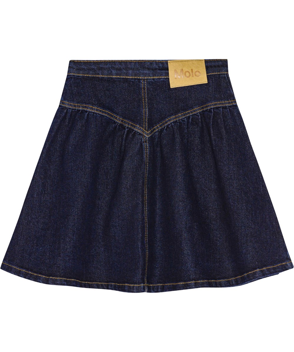 Betsy - Raw Blue - Donkerblauwe A-lijn spijkerrok met breed bovenstuk en knoopsluiting.