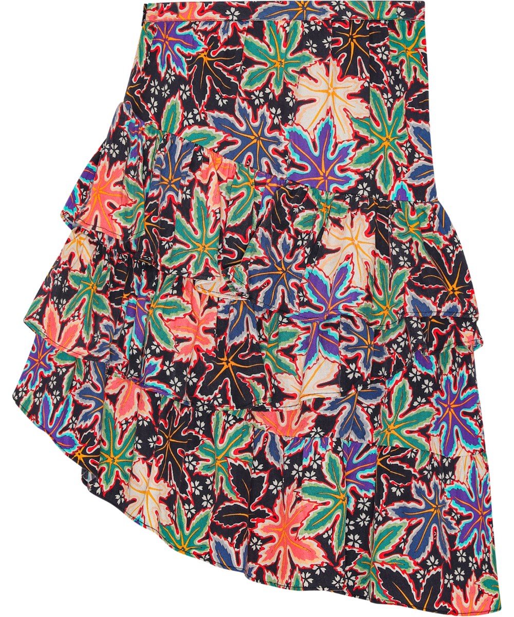 Blair - Leafy - Zachte en lichtgewicht zwarte geplooide rok met een print van veelkleurige esdoornbladeren.