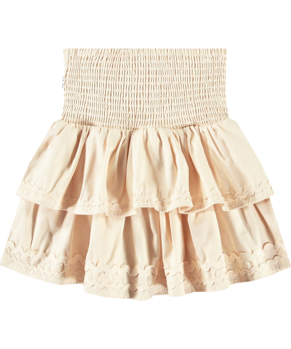 Bonita - Brazilian Sand - Beige knielange kinderrok van biologisch katoenen chambray met gerimpeld effect.