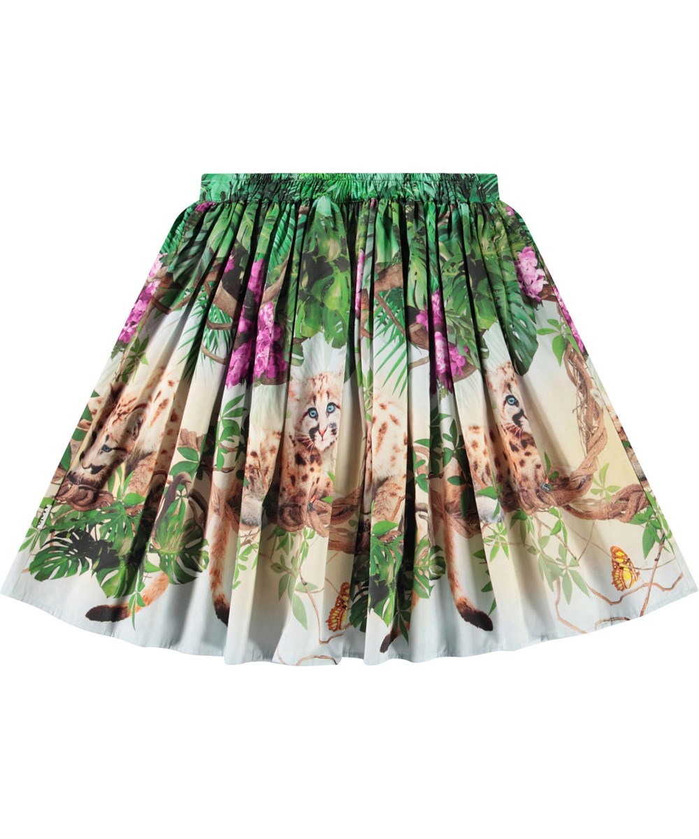 Bonnie - Fluffy Pumas - Kleurrijke knielange katoenen kinderrok met jungle en dierenprint