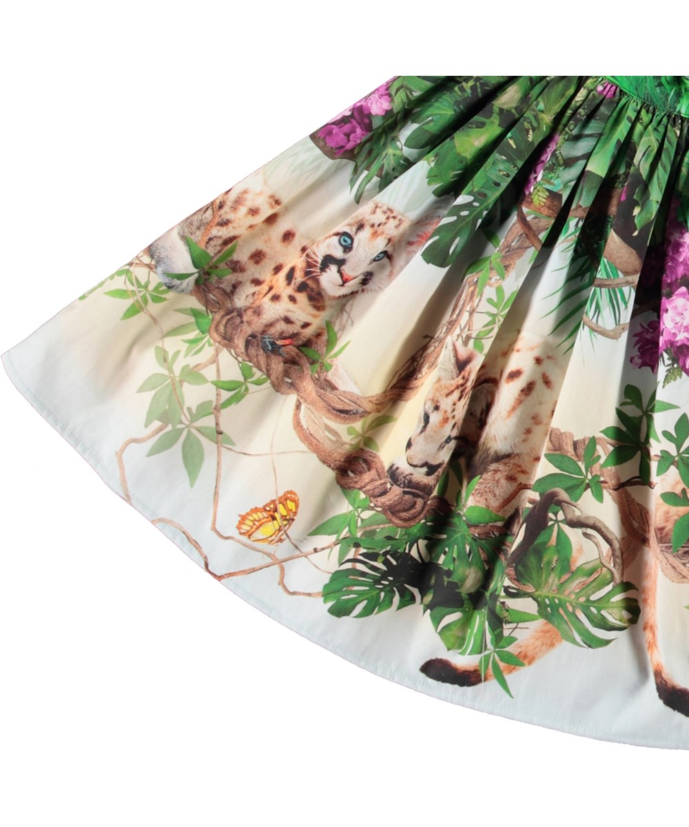 Bonnie - Fluffy Pumas - Kleurrijke knielange katoenen kinderrok met jungle en dierenprint