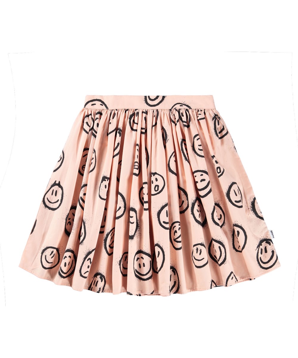 Bonnie - Rose Cloud Moods - Roze knielange kinderrok gemaakt van biologisch katoen met een print van gezichten in verschillende stemmingen.