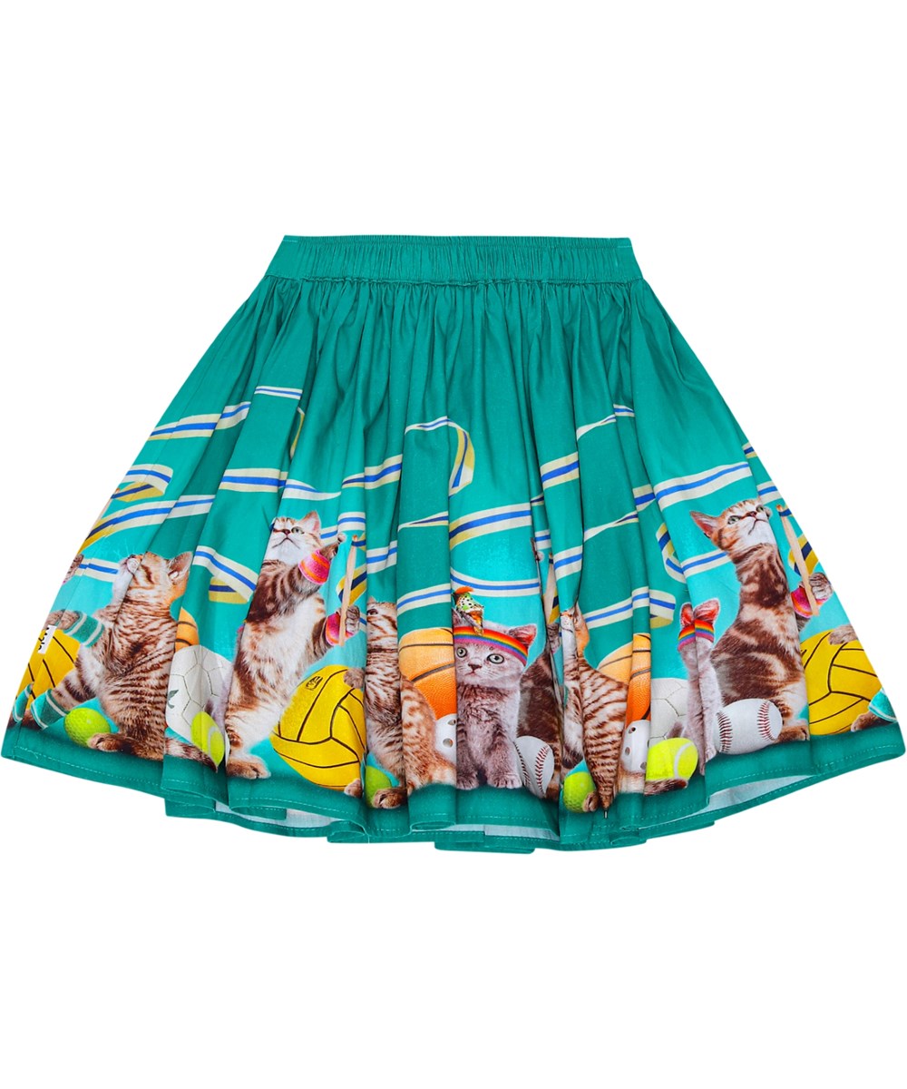 Bonnie - Sporty Cats - Petroleum groene katoenen rok met elastische tailleband en poezenprint.