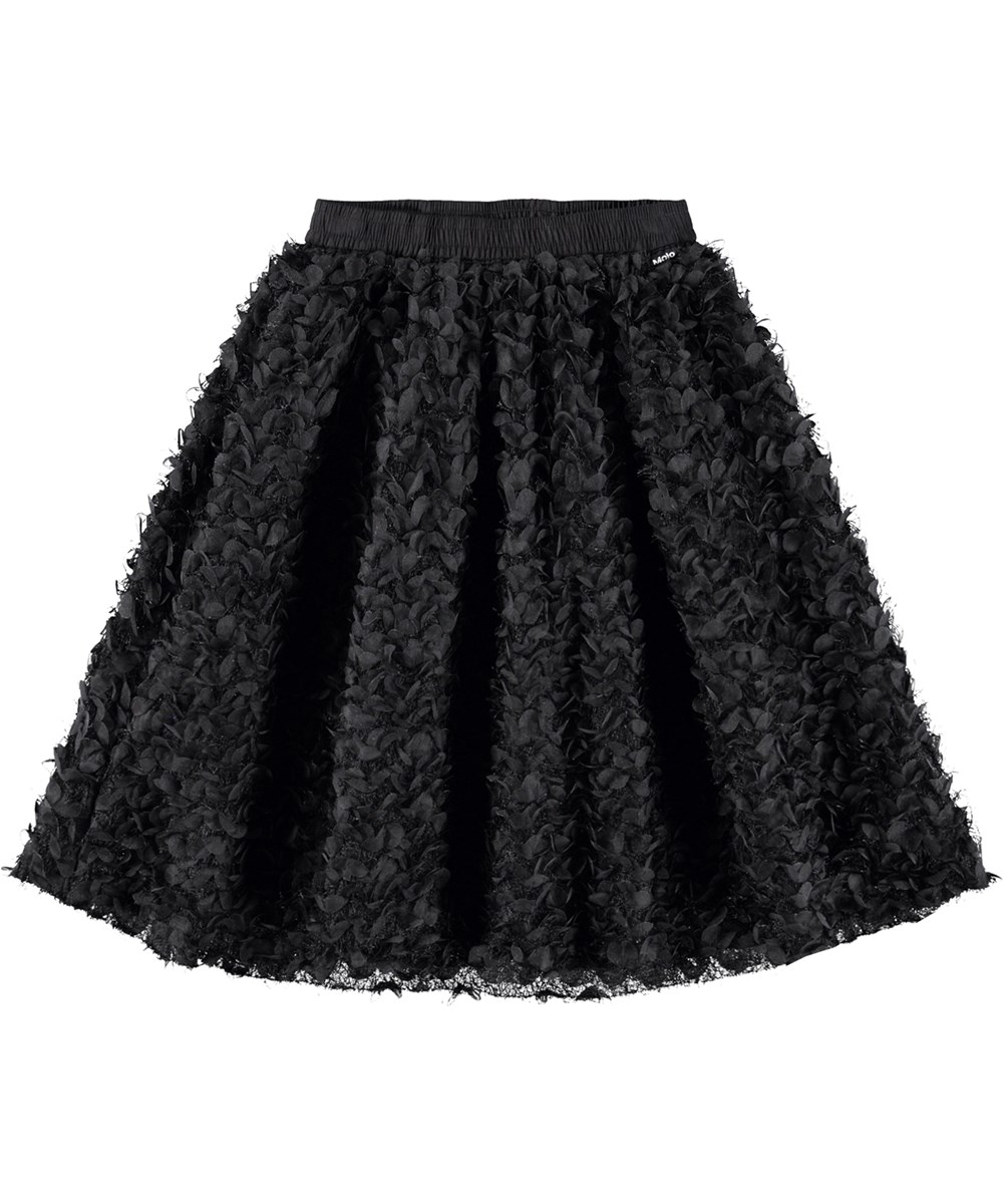 Breena - Black - Volumineuze knielange zwarte kinderrok met bloemen en franjes.