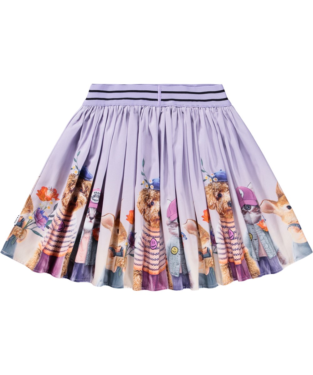 Brenda - Cuties - Paarse cirkelvormige rok gemaakt van biologisch katoen met een print van schattige dieren die kleding dragen.