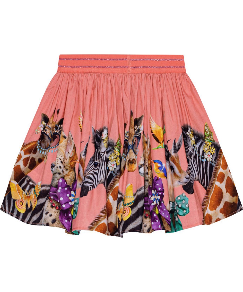 Brenda - Dressed Up - Koraalrode rok van biologisch katoen met een feestelijke dierenprint.