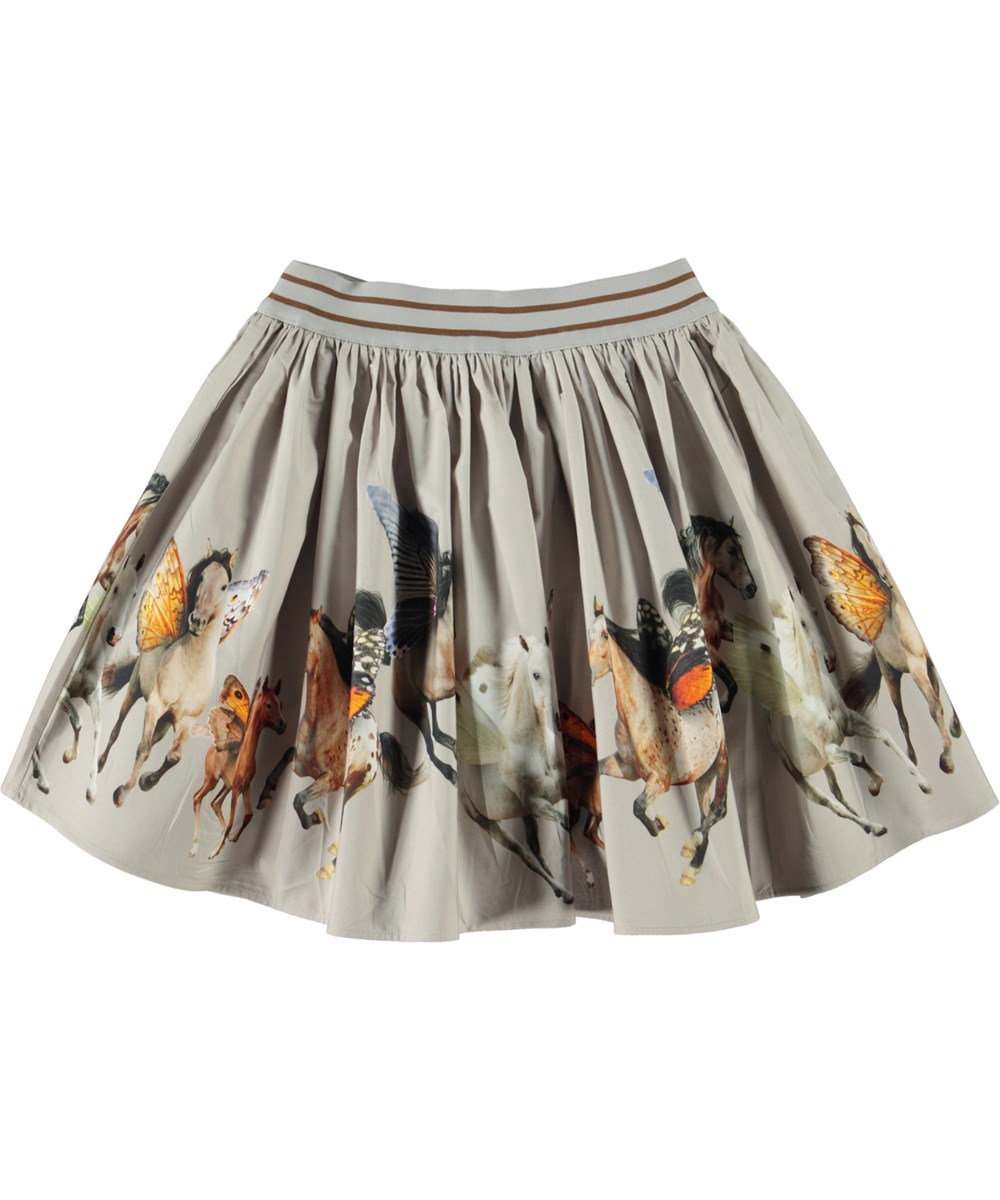 Brenda - Fluttering Horses - Taupe biologische ronde rok met paardenprint