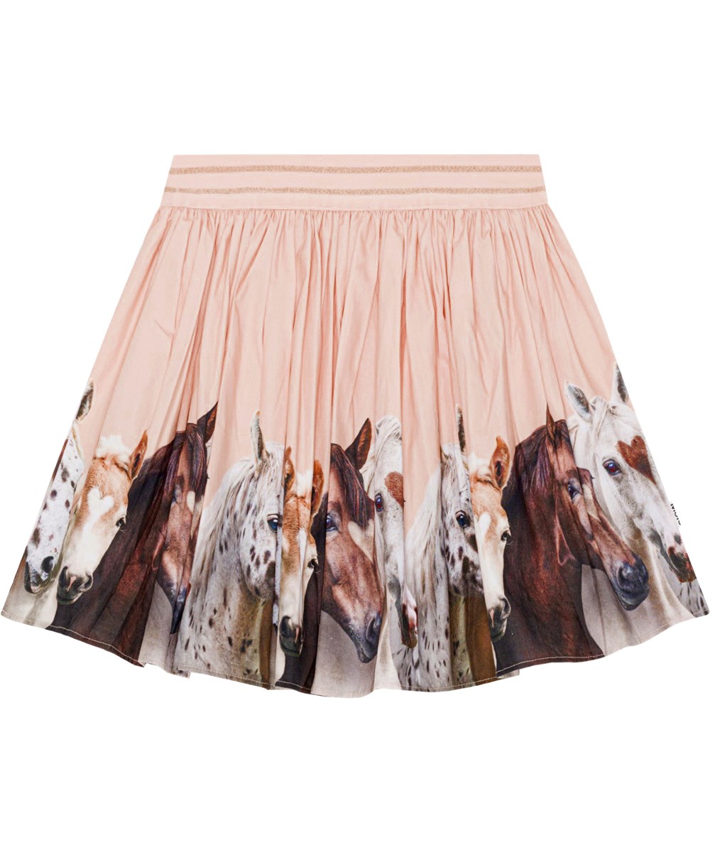 Brenda - Group Of Hearts - Perzikkleurige rok van biologisch katoen met paardenprint