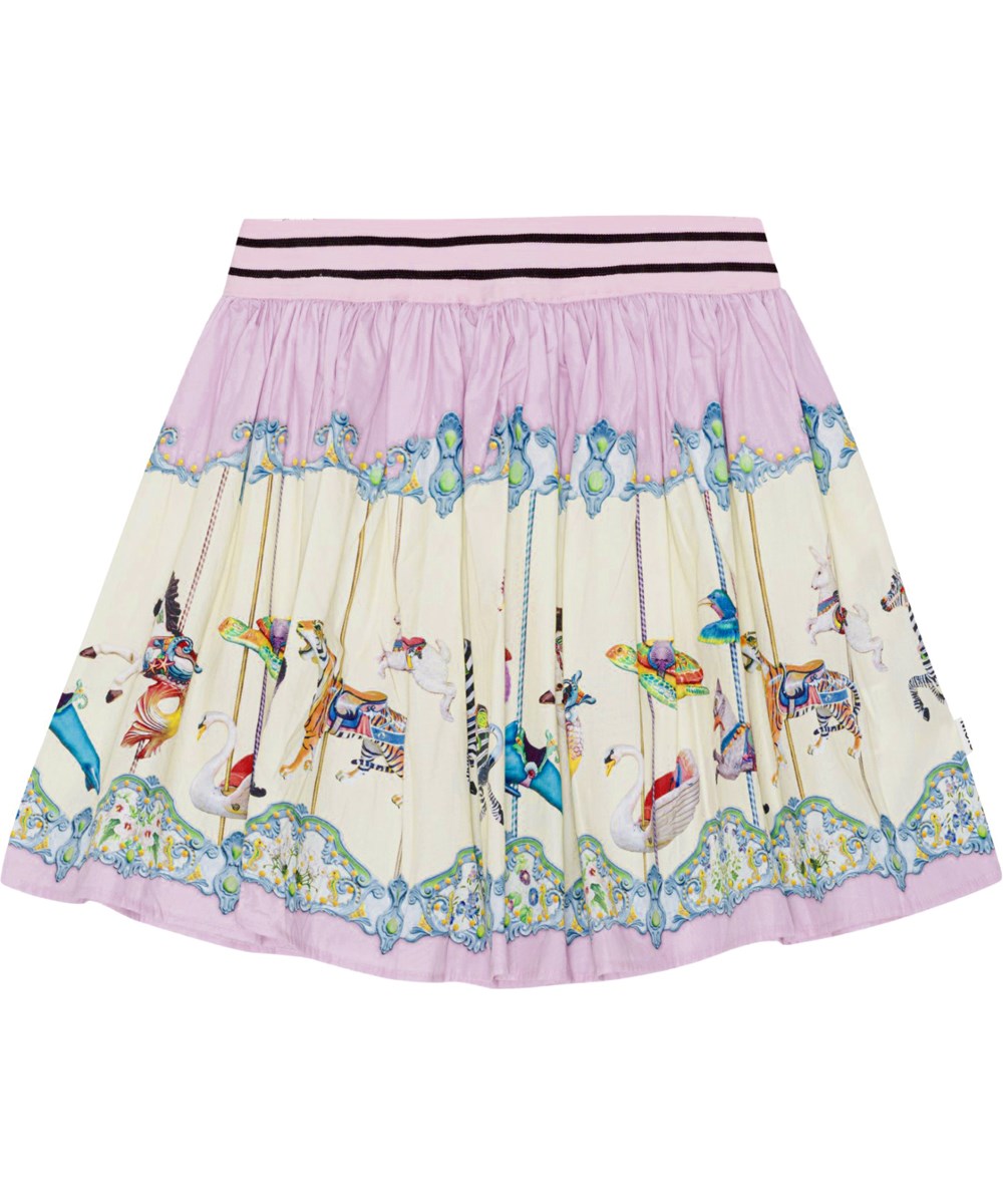 Brenda - Sea Carousel - Paarse en gebroken witte rok van biologisch katoen met draaimolen print