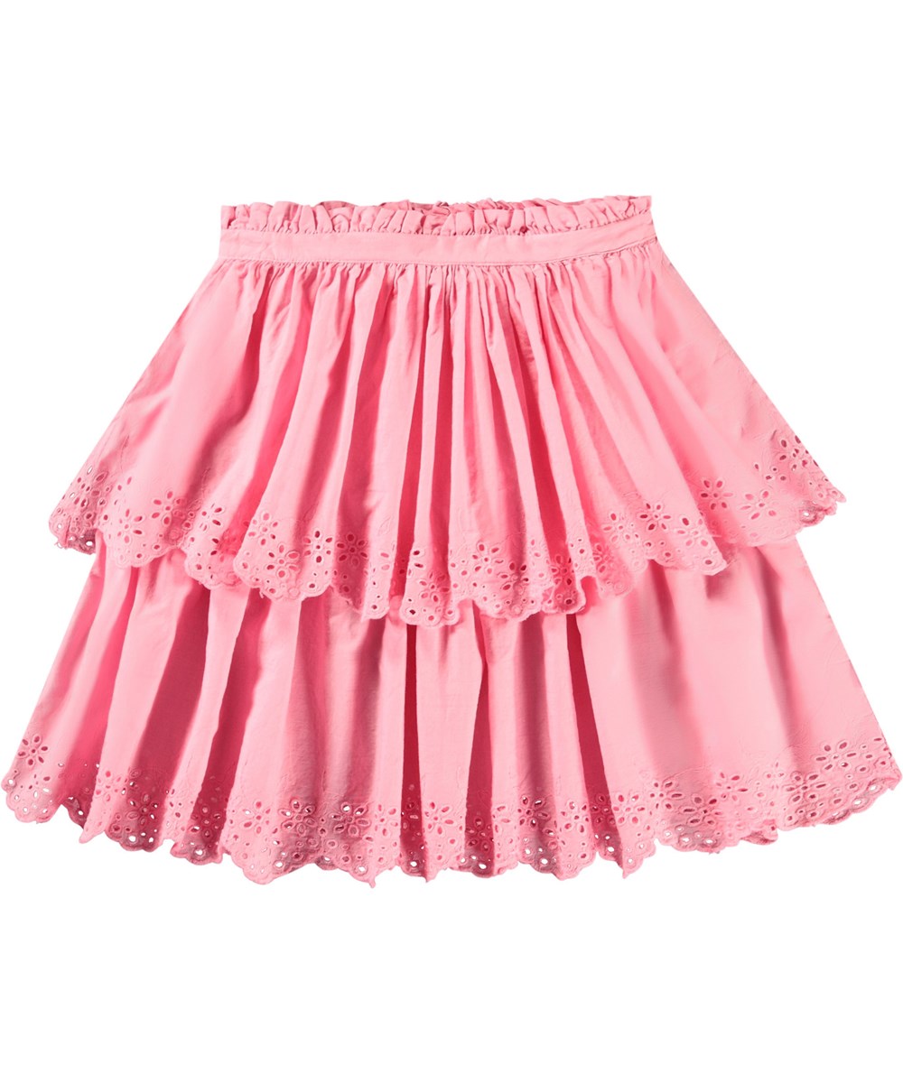 Brianna - Pink Lemonade - Roze kinderrok van biologisch katoen. De rok valt op de knie en heeft twee lagen in verschillende lengtes met Engels kant aan de boord.
