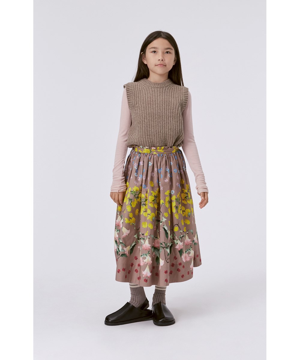 Brisa - Flower Stripe - Grijsbruine biologische lange rok met een bloemenprint