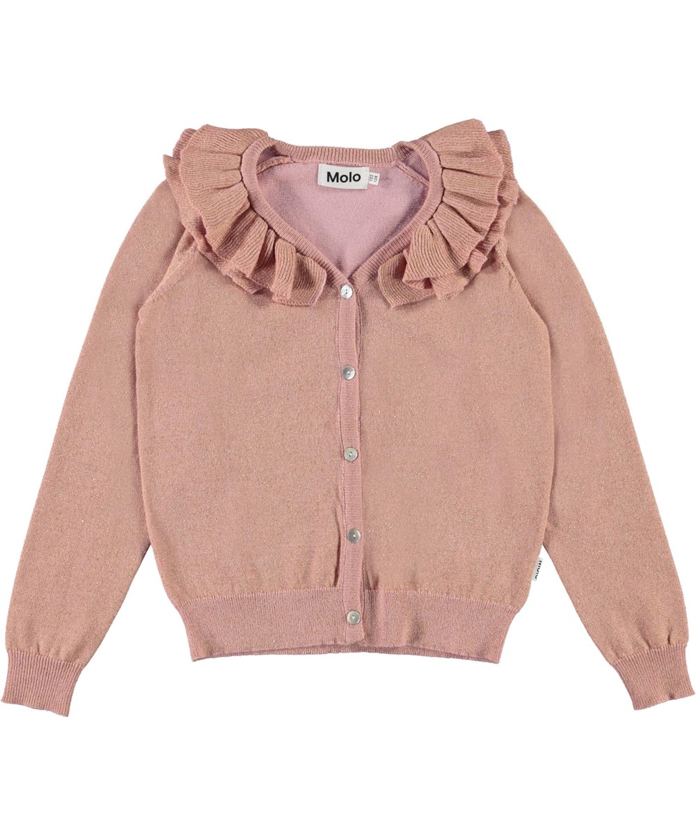 Gerdis - Rosequartz - Lichtroze gebreide vest met glitter en ruche kraag