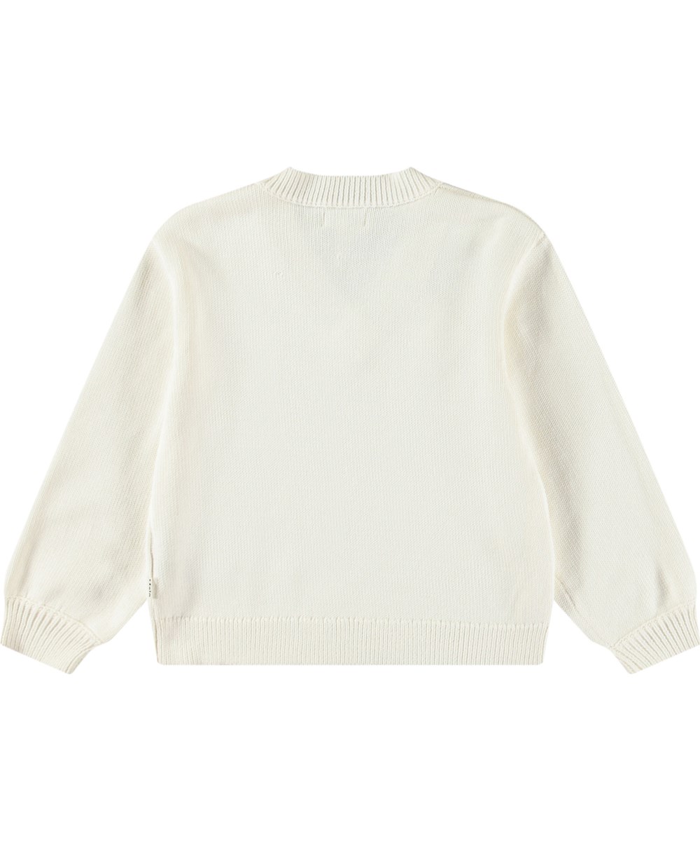 Germaine - Crisp White - Zachte witte gebreide katoenen kindertrui met een v-hals en ribboord rond de hals, mouwen en onderkant.