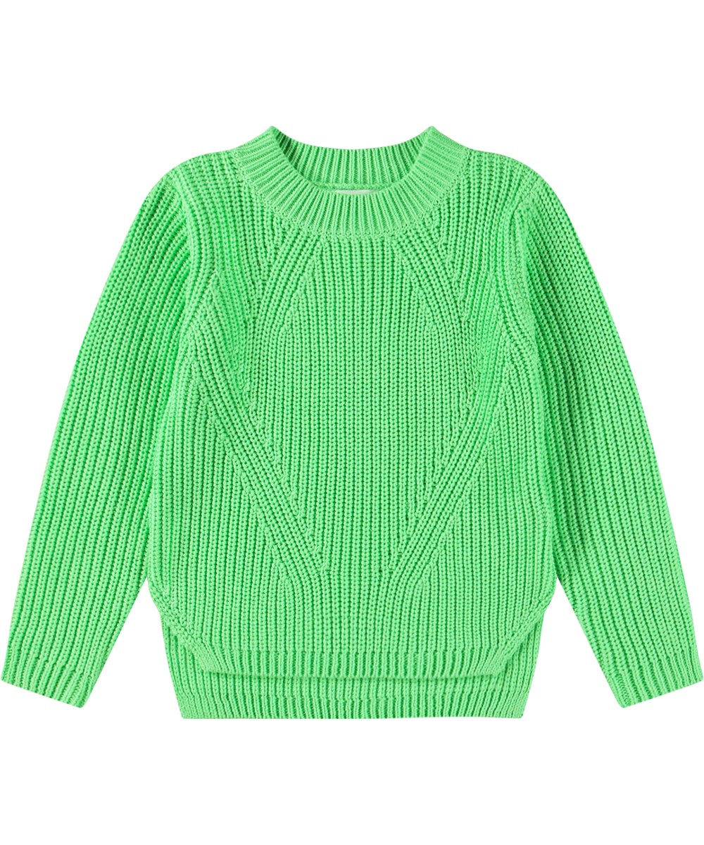 Gillis - Green Vibes - Groene gebreide kindertrui van zacht biologisch katoen met een ronde hals.