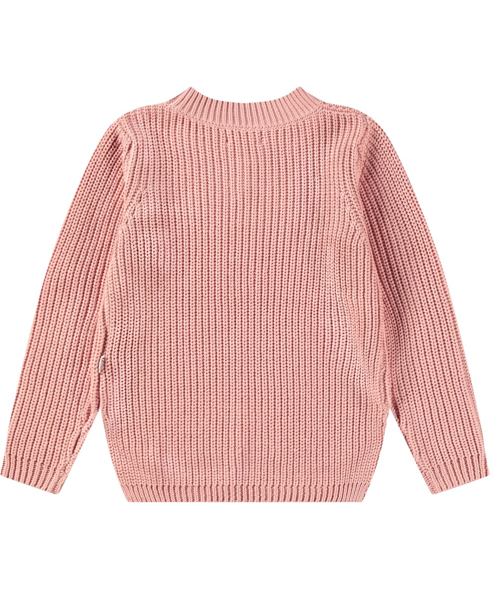 Gillis - Rosequartz - Roze gebreide kindertrui van zacht biologisch katoen met een ronde hals.