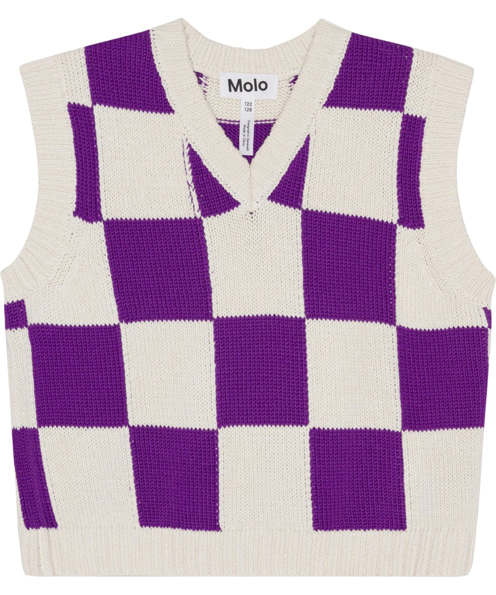 Gitta - Purple Shell Check - Gebroken witte en paarse geblokte gebreide pullover van katoen 