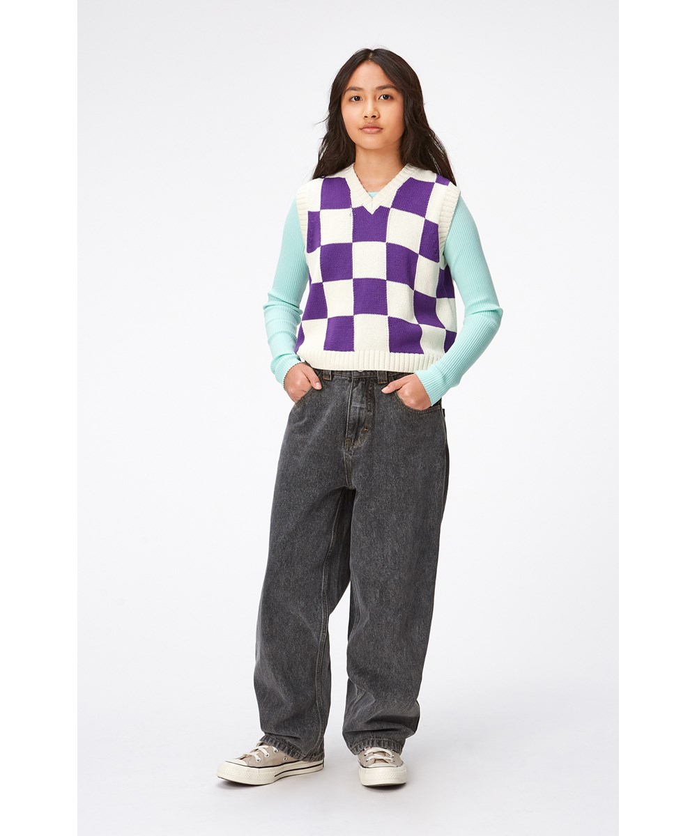 Gitta - Purple Shell Check - Gebroken witte en paarse geblokte gebreide pullover van katoen 