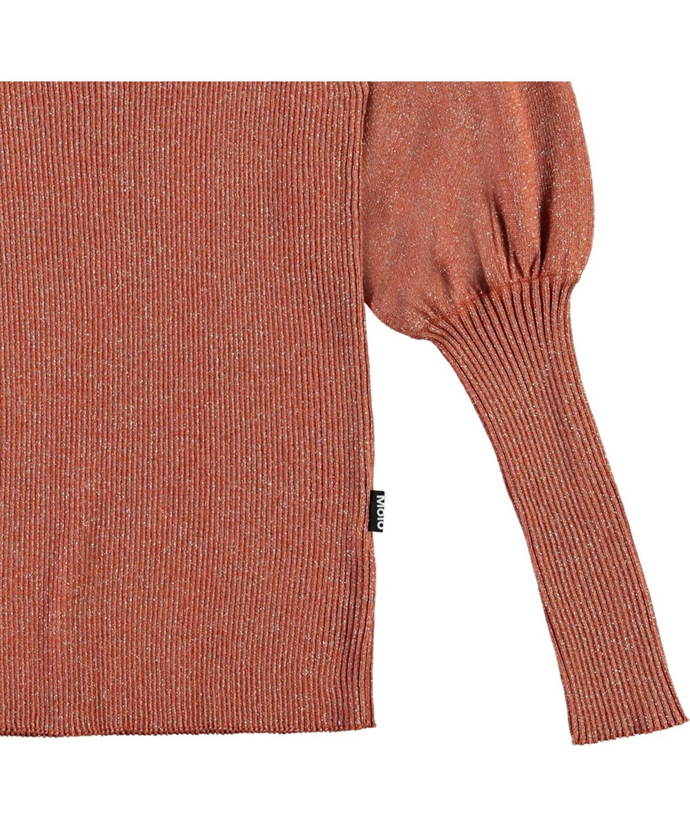 Glenda - Burnt Brick - Gebreide bruin en glitter trui met pofmouwen