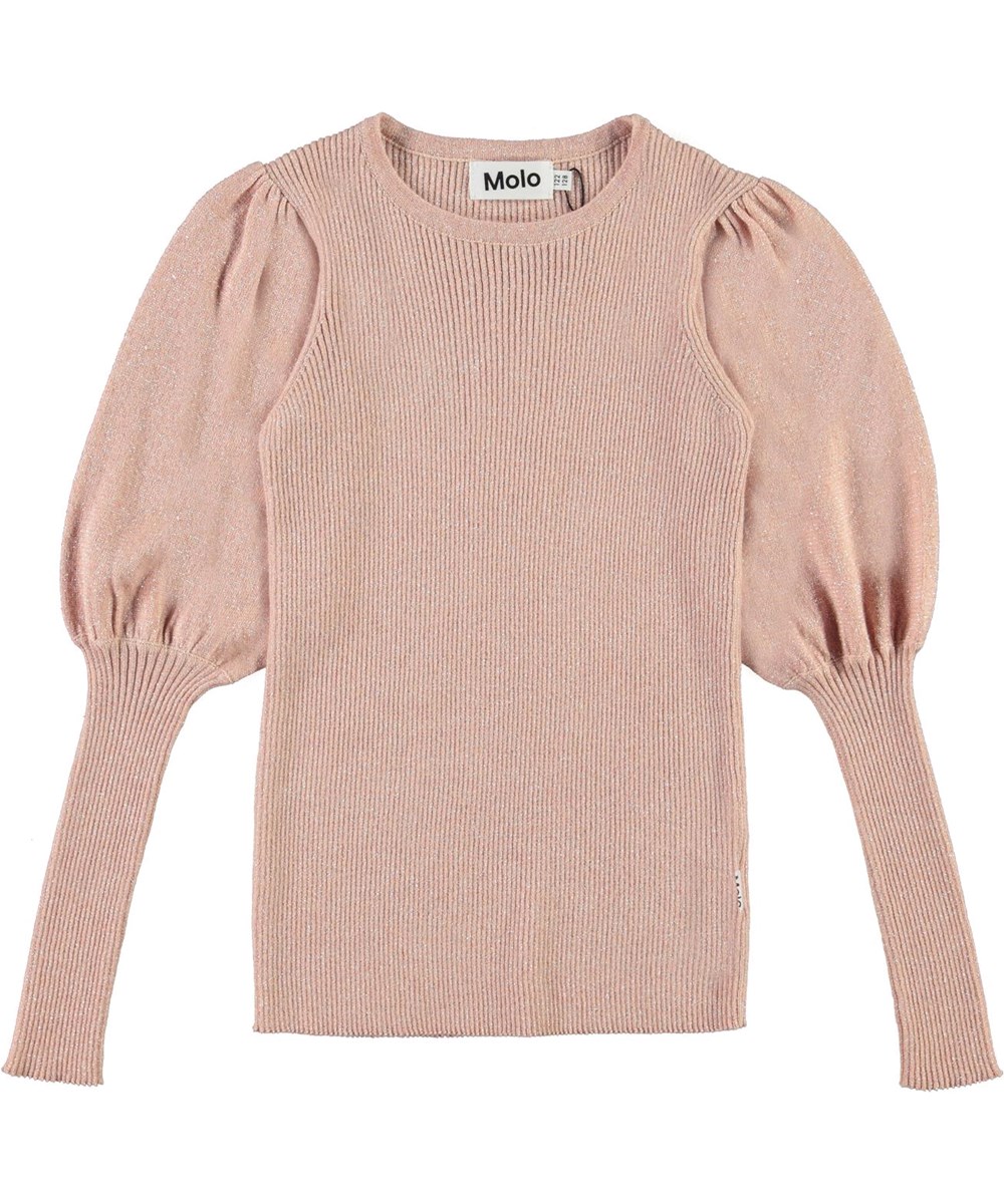 Glenda - Cameo Rose - Gebreide lichtroze en glitter trui met pofmouwen