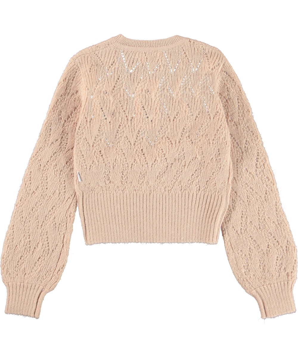 Glory - Fluffy Rose - Lichtroze gebreide vest in een prachtige gaatjes patroon