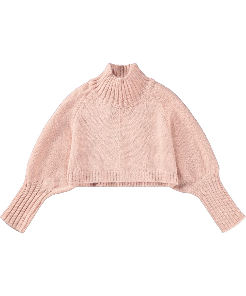 Golda - Rose Hips - Roze trui gemaakt van een alpacawolmix. De trui heeft raglan ballonmouwen, een geribbelde col en ribboorden rond de mouwen en taille.