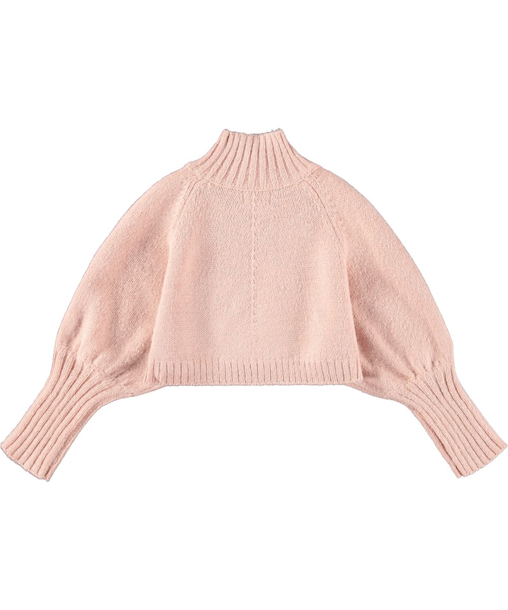 Golda - Rose Hips - Roze trui gemaakt van een alpacawolmix. De trui heeft raglan ballonmouwen, een geribbelde col en ribboorden rond de mouwen en taille.