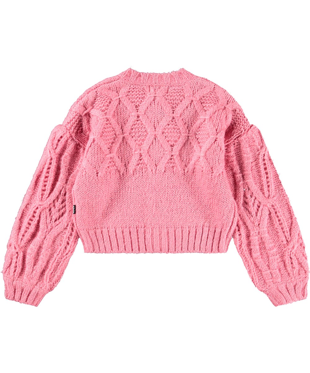 Gracelyn - Confetti - Dikke roze vest gemaakt van een alpacawolmix. Dit vest heeft een prachtig geweven patroon, volumineuze ballonmouwen en knopen aan de voorkant. Het vest heeft ribboorden rond de hals, mouwen en taille.