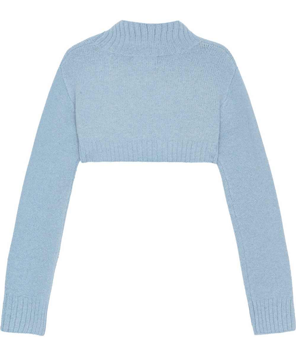 Greer - Fragile Blue - Lichtblauwe bolero van een wolmix met lange mouwen en geribbelde boorden.