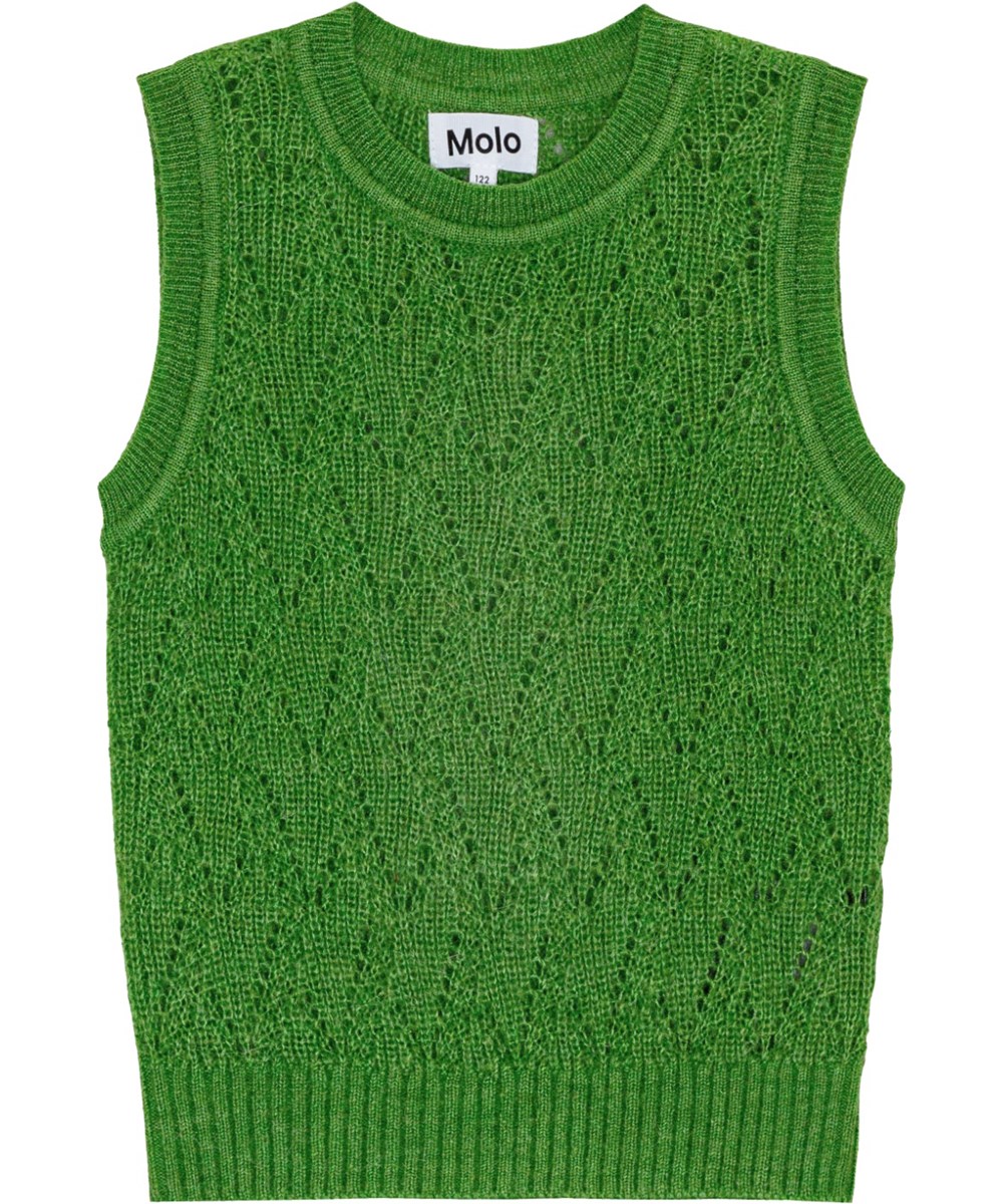 Greta - Jadesheen - Groen gebreide overgooier van zachte alpaca wol/wolmix met een fijn gaatjespatroon.