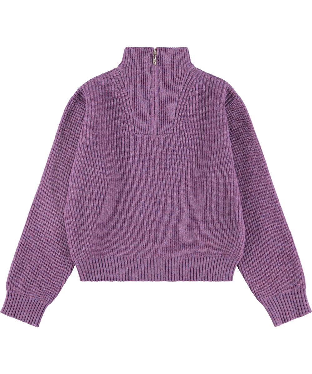 Gretta - Purple Ray - Paarse geribbelde kindertrui gemaakt van een wolmix.