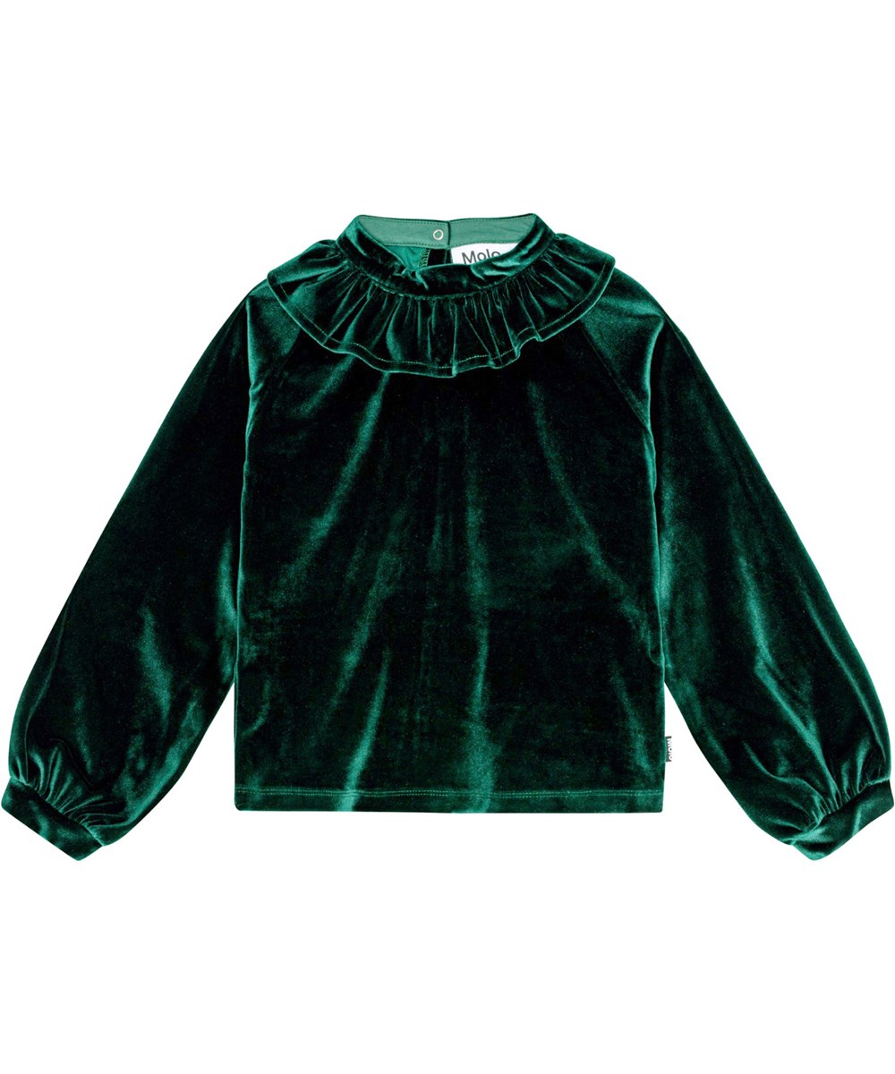Maggie - Aventurine - Groene fluwelen trui met ruchekraag en geplooide mouwen.