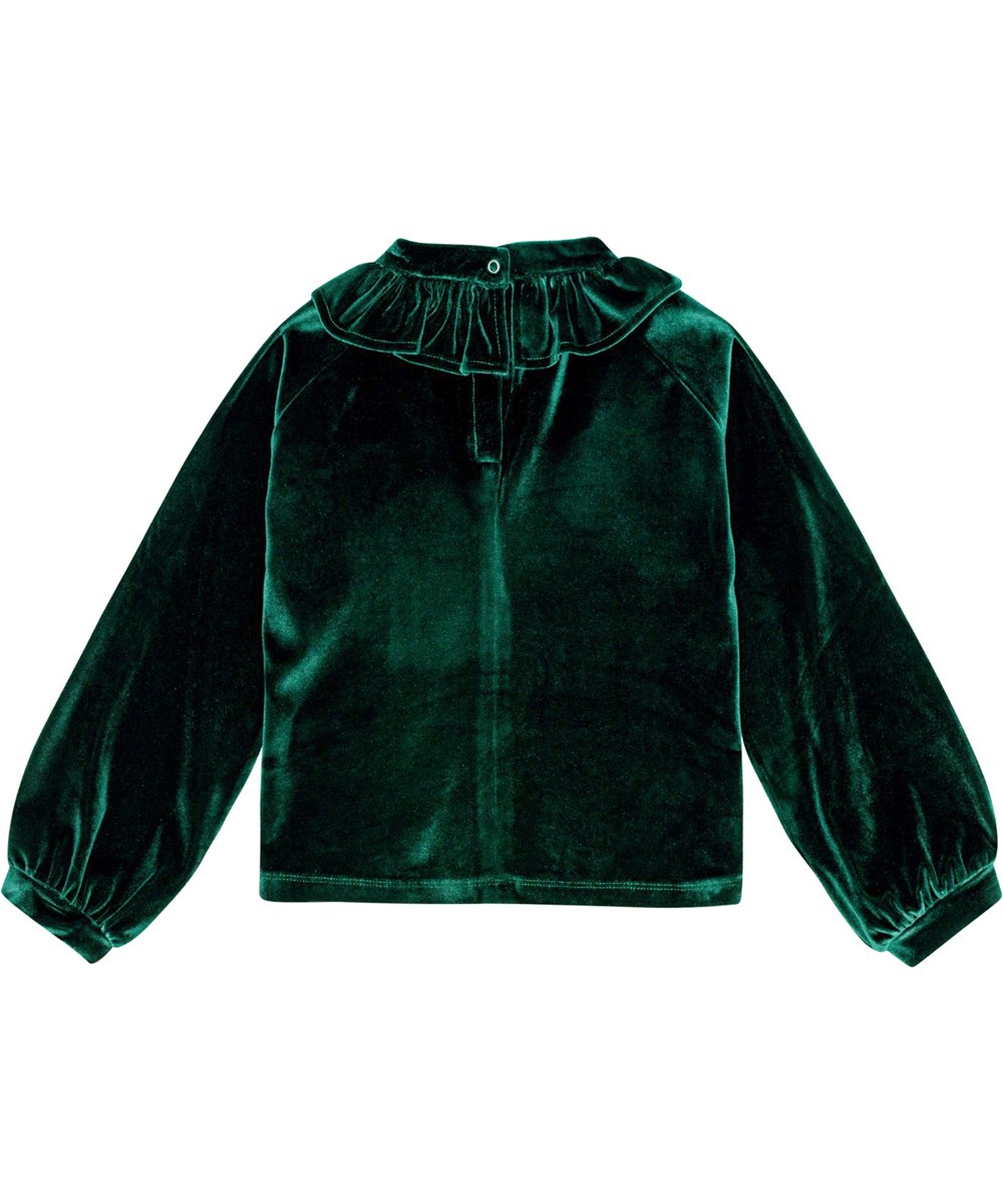 Maggie - Aventurine - Groene fluwelen trui met ruchekraag en geplooide mouwen.