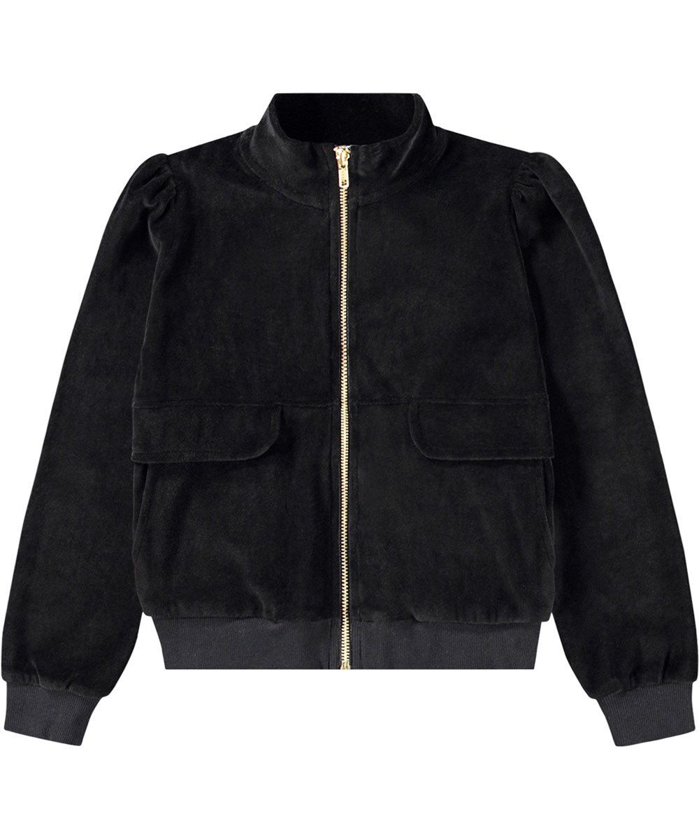 Malika - Black - Zwarte fluwelen vest met rits, zijzakken en geribbelde boorden.