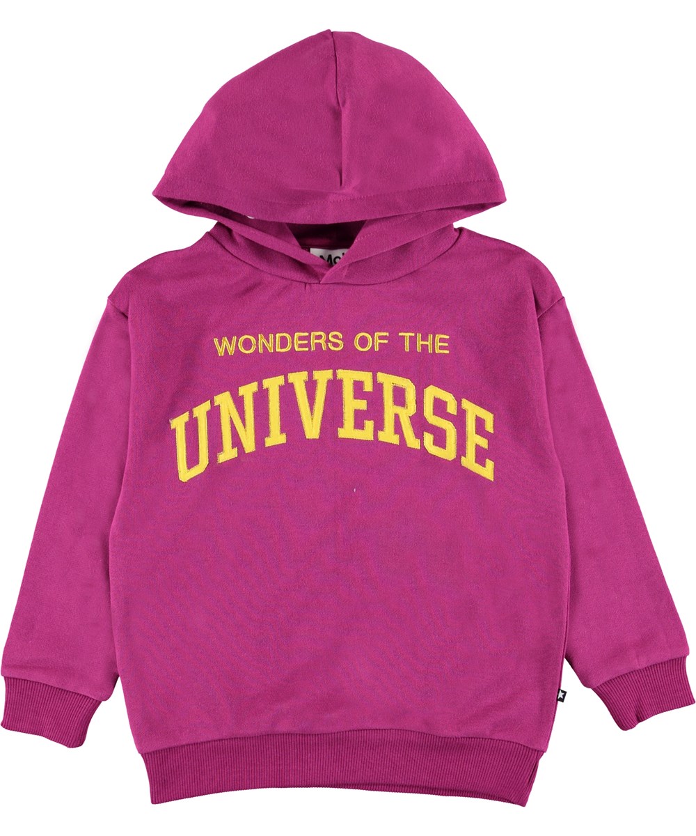 Manuela - Wild Purpur - Paarse hoodie met gele tekst.