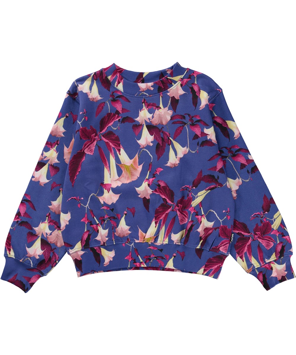 Marge - Angels Trumpets - Donkerblauwe biologische sweater met bloemenprint