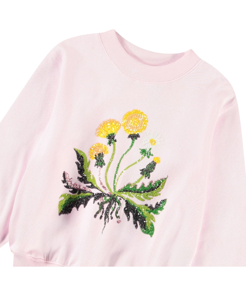 Marge - Dandelion Glitter - Roze kindersweater van zacht biologisch katoen met pailletten en ribboord rond de hals, mouwen en onderkant.