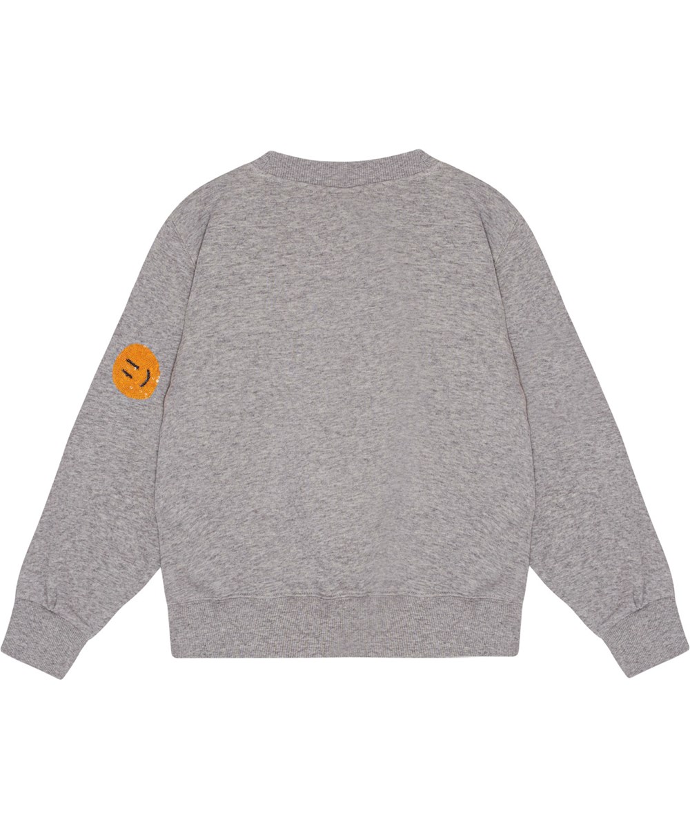 Marge - Grey Melange - Oversized grijs gemêleerde sweater van biologisch katoen met pailletten borduursels.