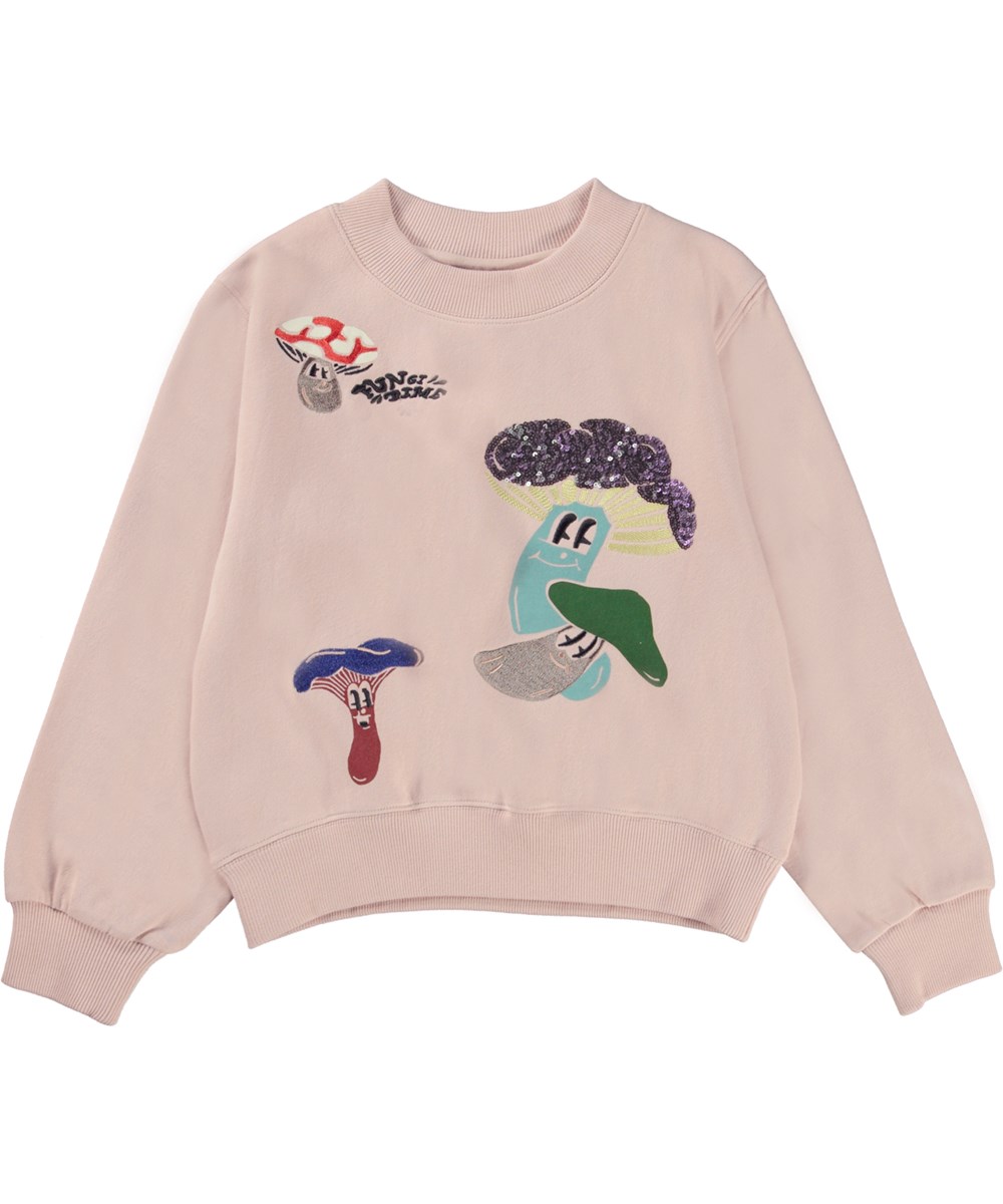Marge - Mushroom Fun - Roze biologische sweater met geborduurde paddenstoelen