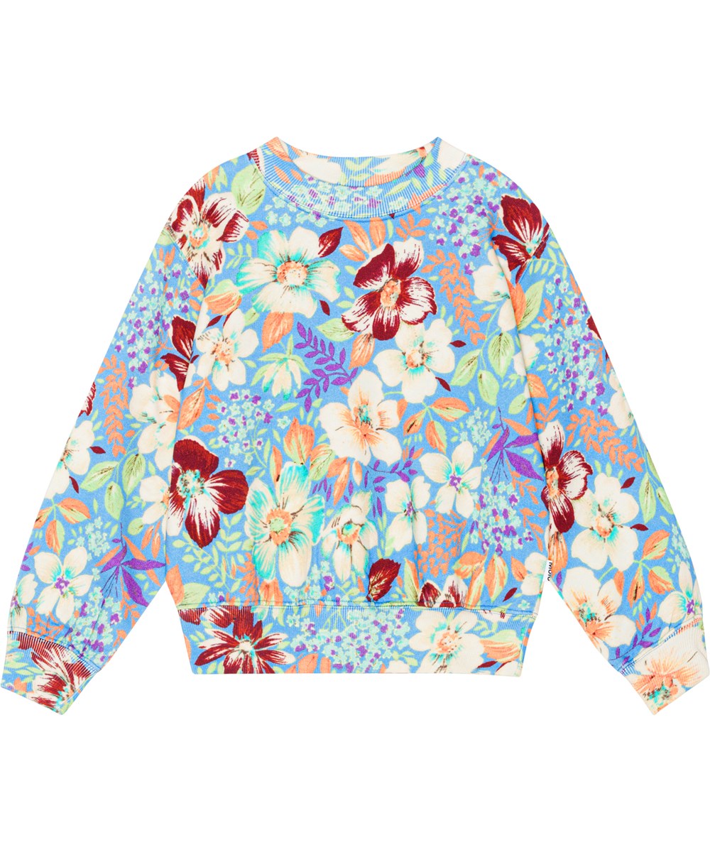 Marge - Spring Bloom - Blauwpaarse sweater van biologische katoen met bloemenprint