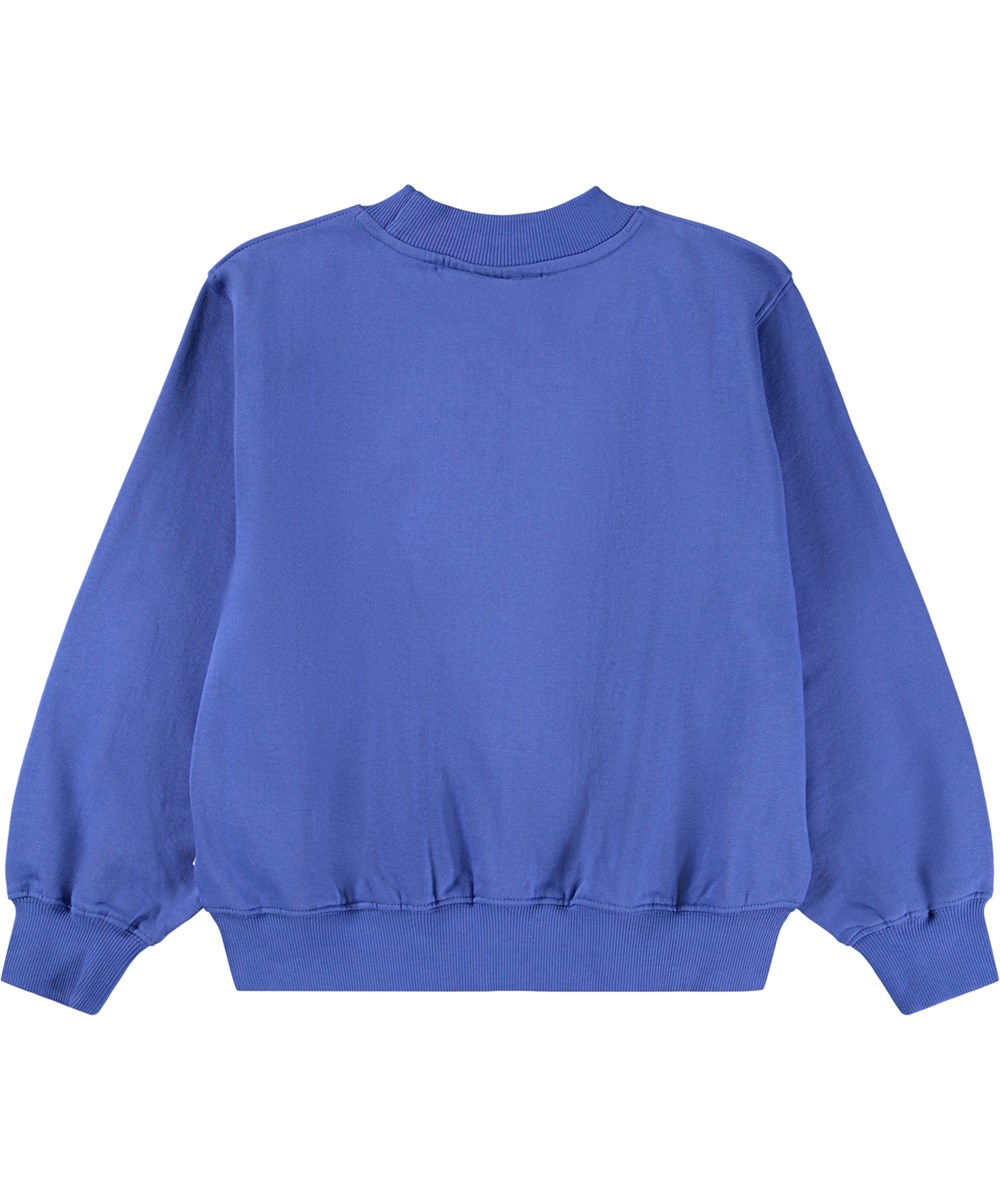 Marge - Violet Blue - Blauwe kindersweater gemaakt van biologisch katoen met een print van een schattig getekend konijn en de tekst ''Honey Bunny''.