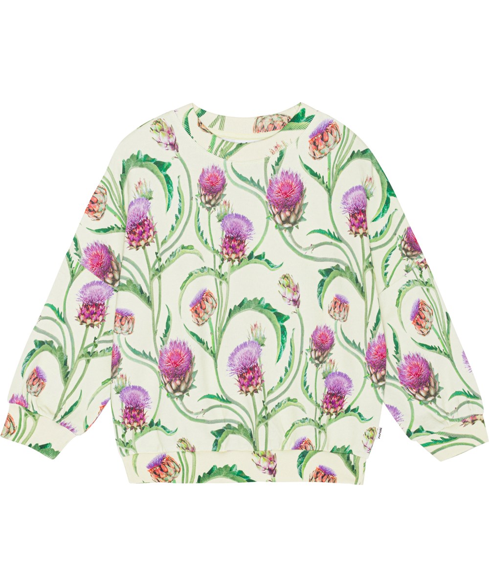 Marika - Artichoke - Lichtgele trui van biolgoische katoen met een print van paarse en rode artisjokbloemen