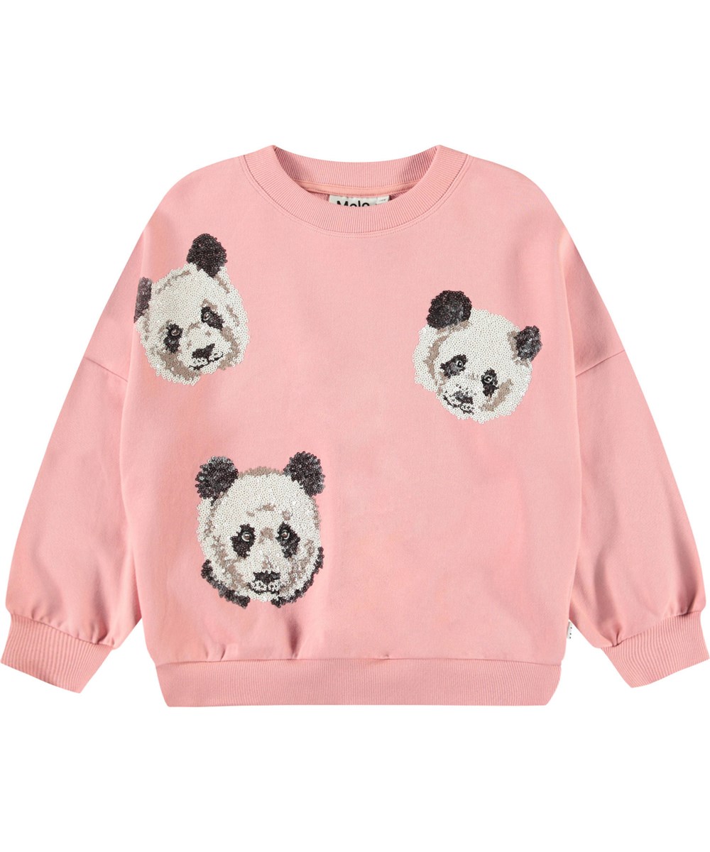 Marika - Rosequartz - Roze kindersweater van zacht bioloigsch katoen met geborduurde pailletten en ribboord rond de hals, mouwen en onderkant.