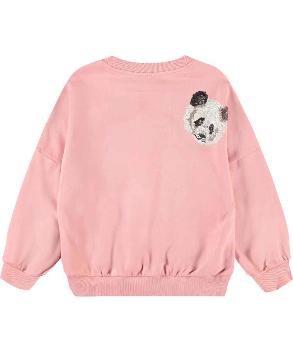 Marika - Rosequartz - Roze kindersweater van zacht bioloigsch katoen met geborduurde pailletten en ribboord rond de hals, mouwen en onderkant.