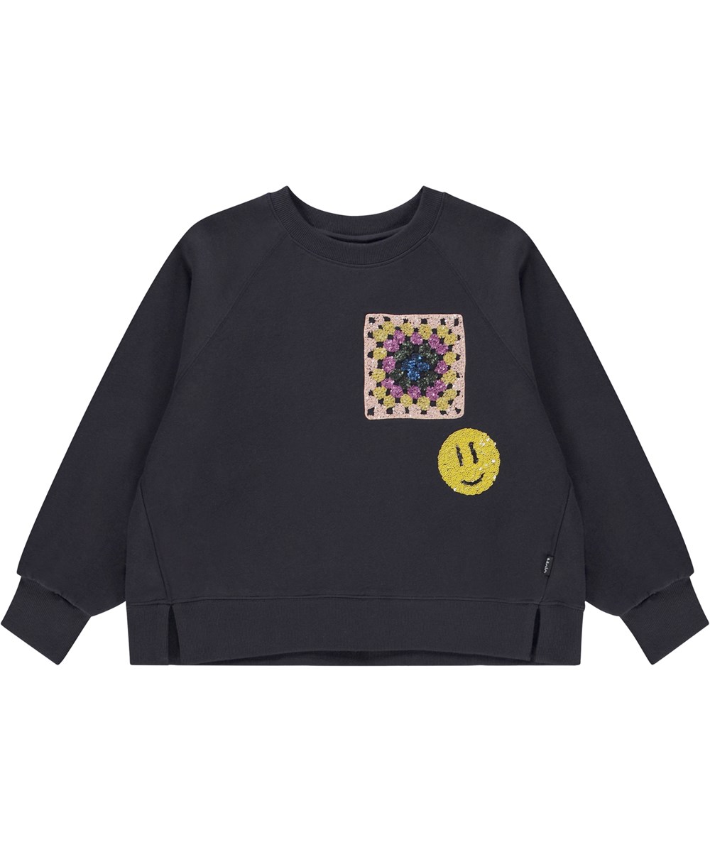 Marilee - Purple Black - Zwarte biologische sweater met geborduurde pailletten