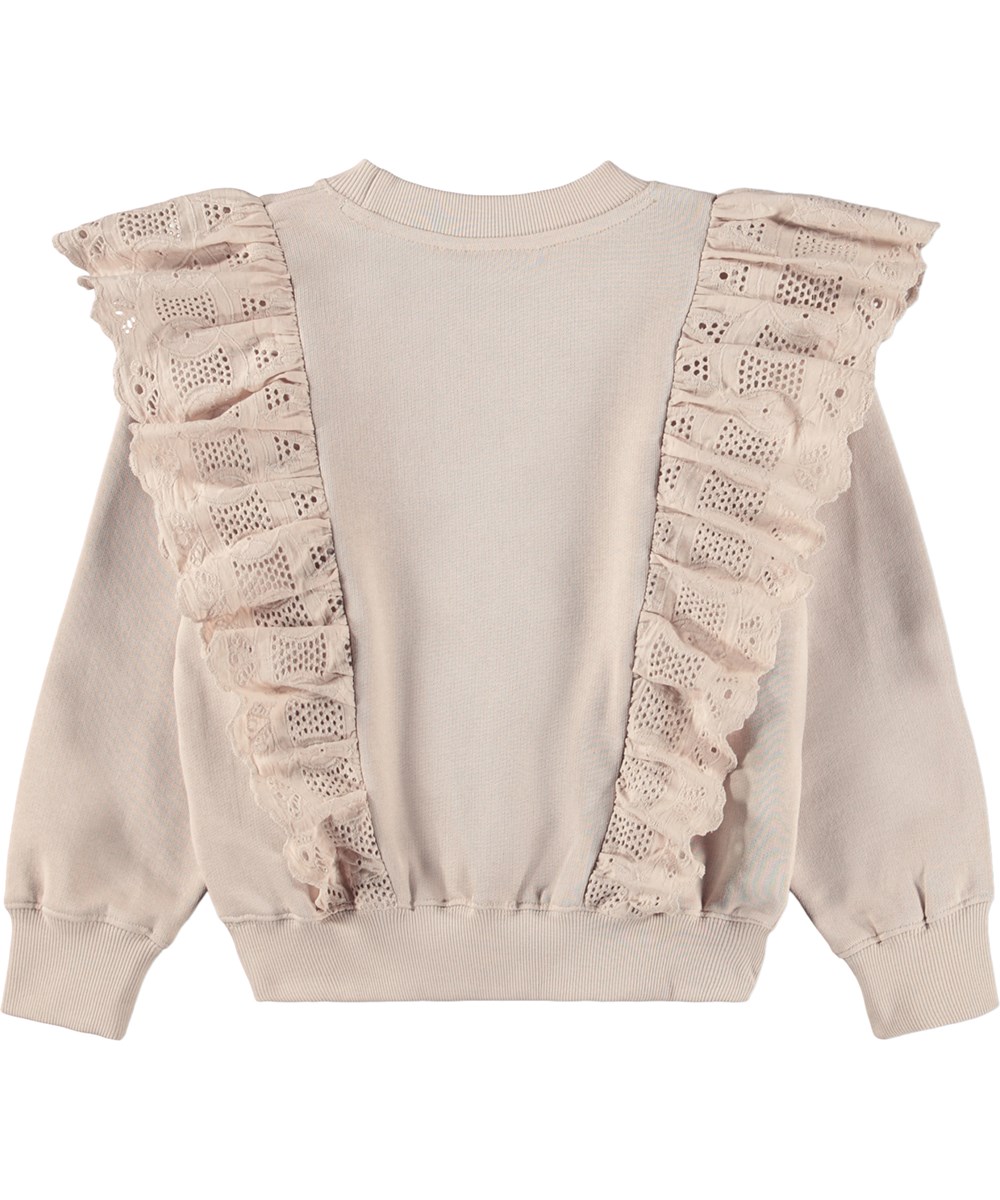 Maro - Soft Powder - Beige kindersweater gemaakt van biologisch katoen met rucheranden