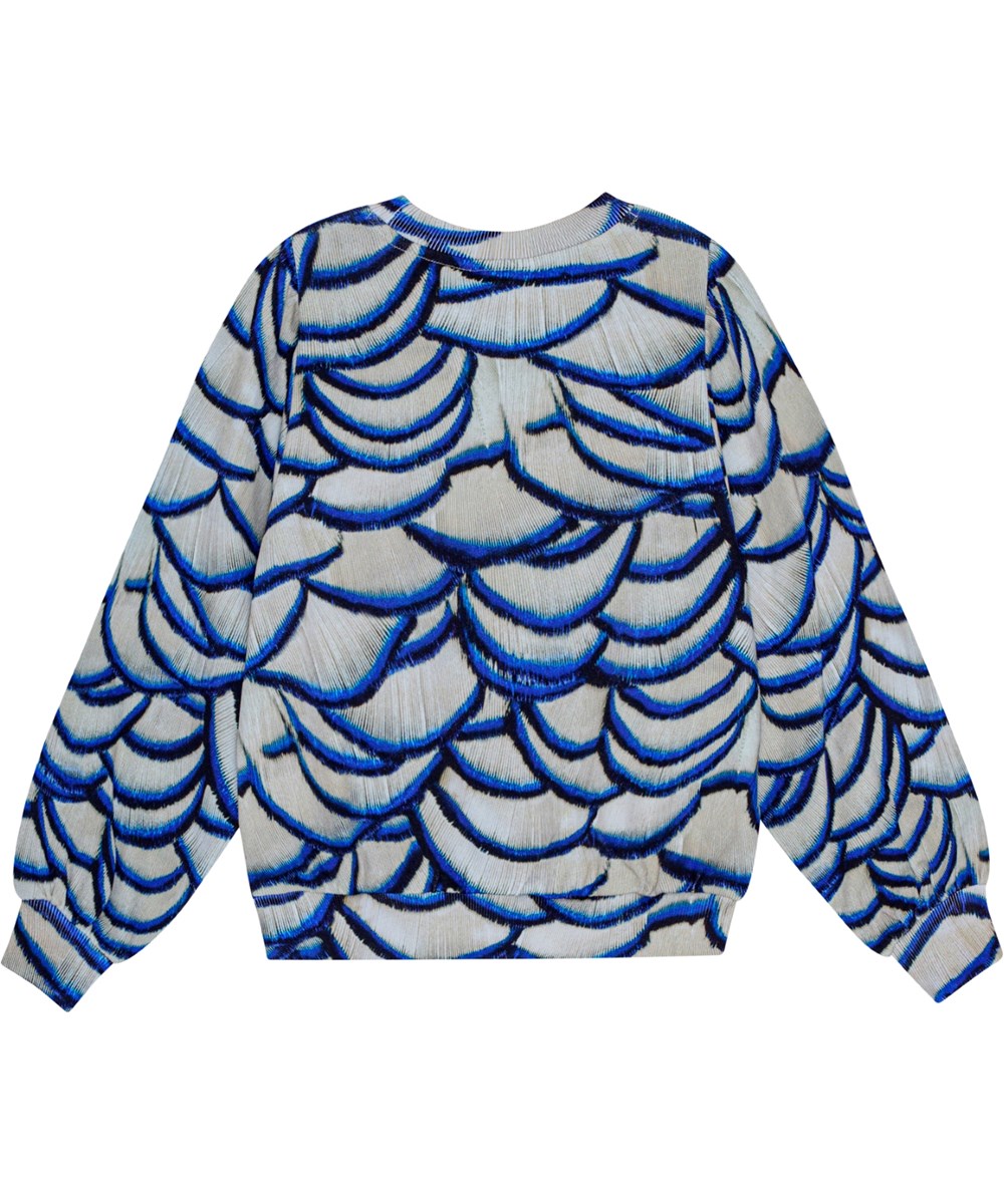 Mary - Feathers - Grijze biologisch katoenen sweater in een ruimvallende pasvorm met veerprint.