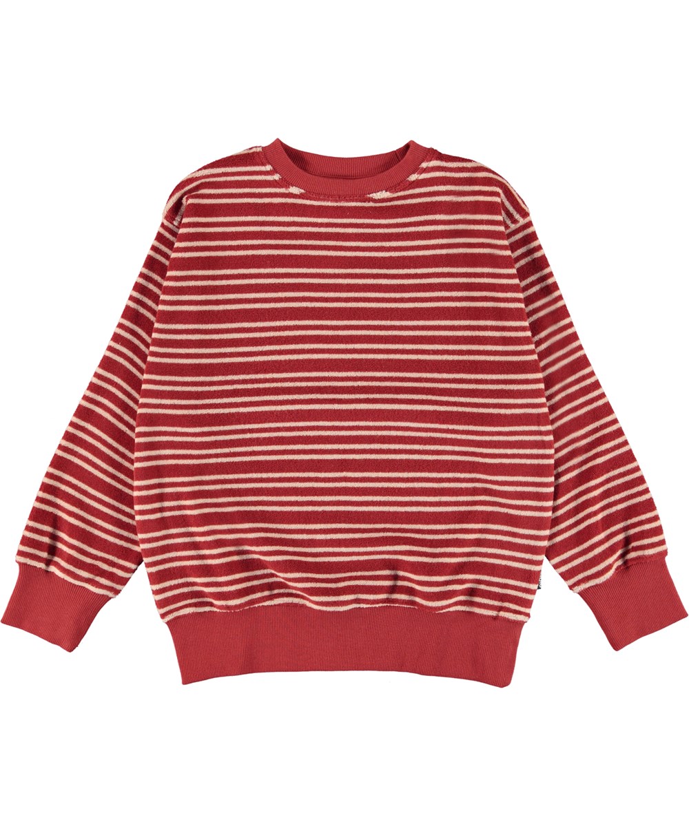 Mattis - Rose Straw Stripe - Rode badstof sweater met witte horizontale strepen