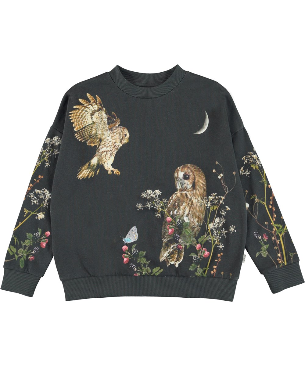 Maxi - Moonlight Owls - Zwarte biologische sweater met uilenprint